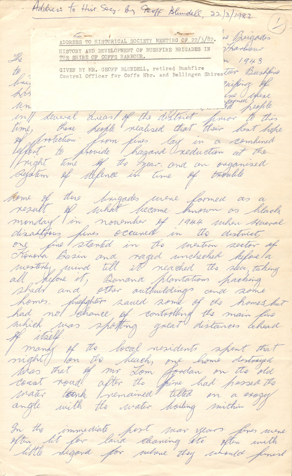 History and Development of Bushfire Brigades in the Shire of Coffs Harbour address, 1982