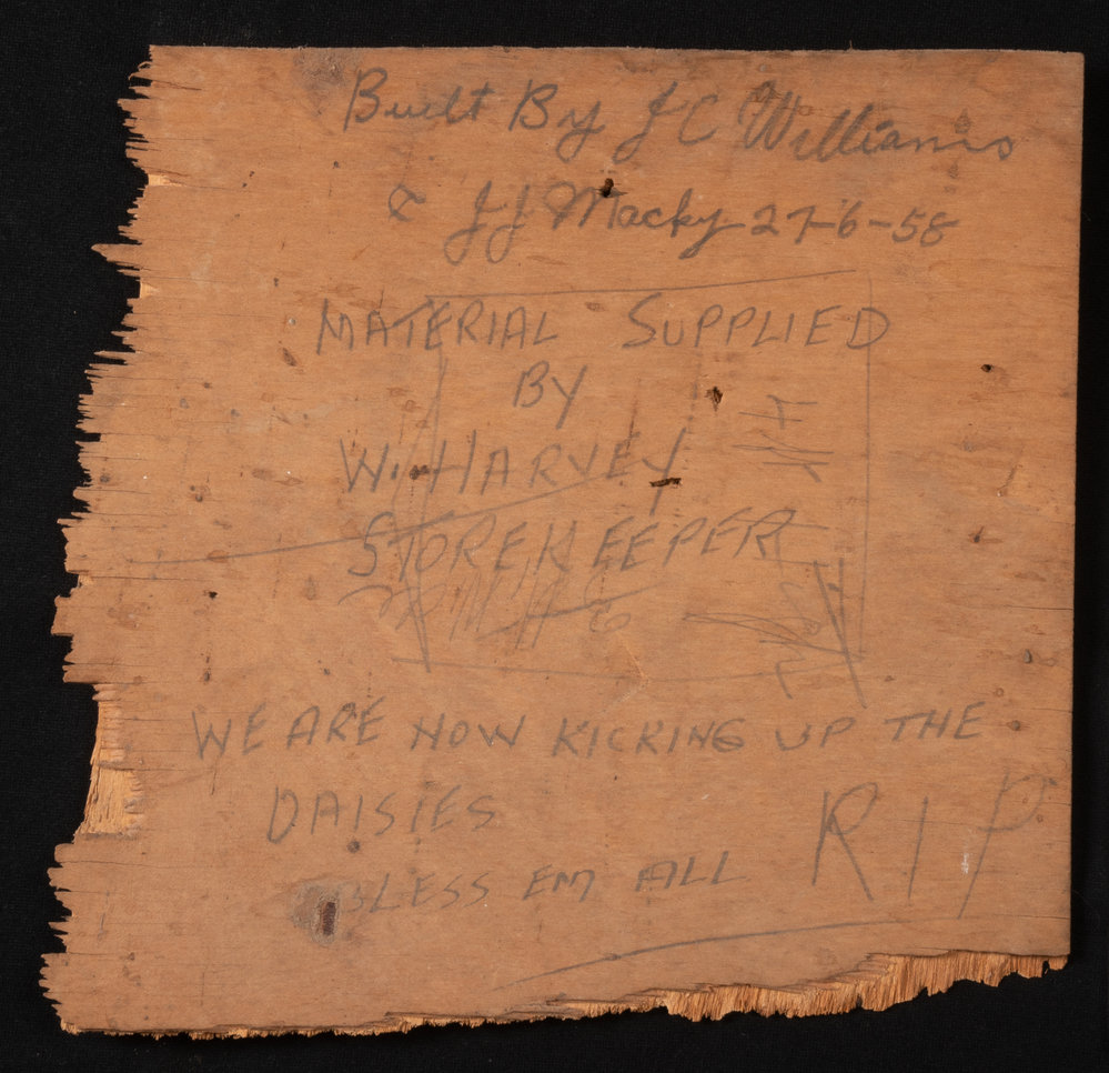 Board with builders' messages, Forestry Building, 1958