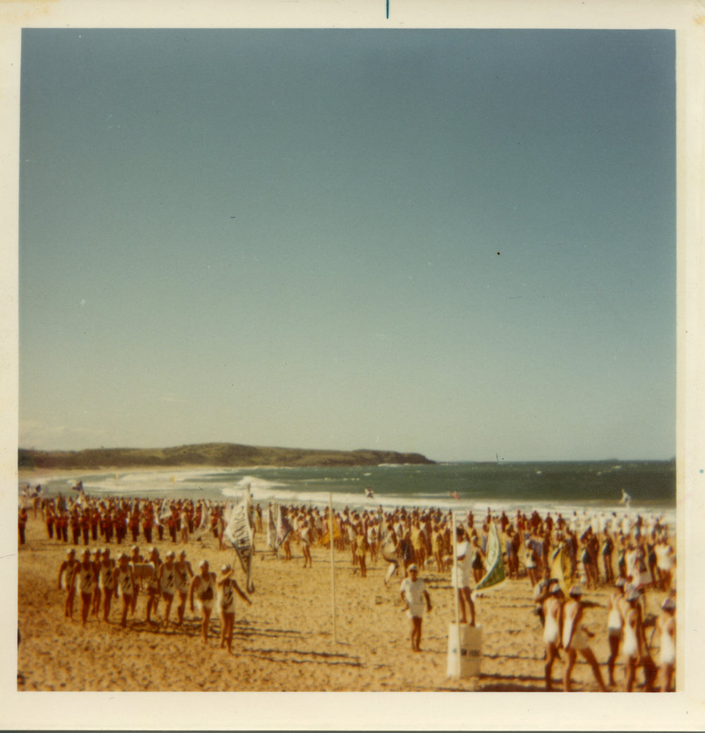 Lifesavers march past on Park Beach, 11 April 1970