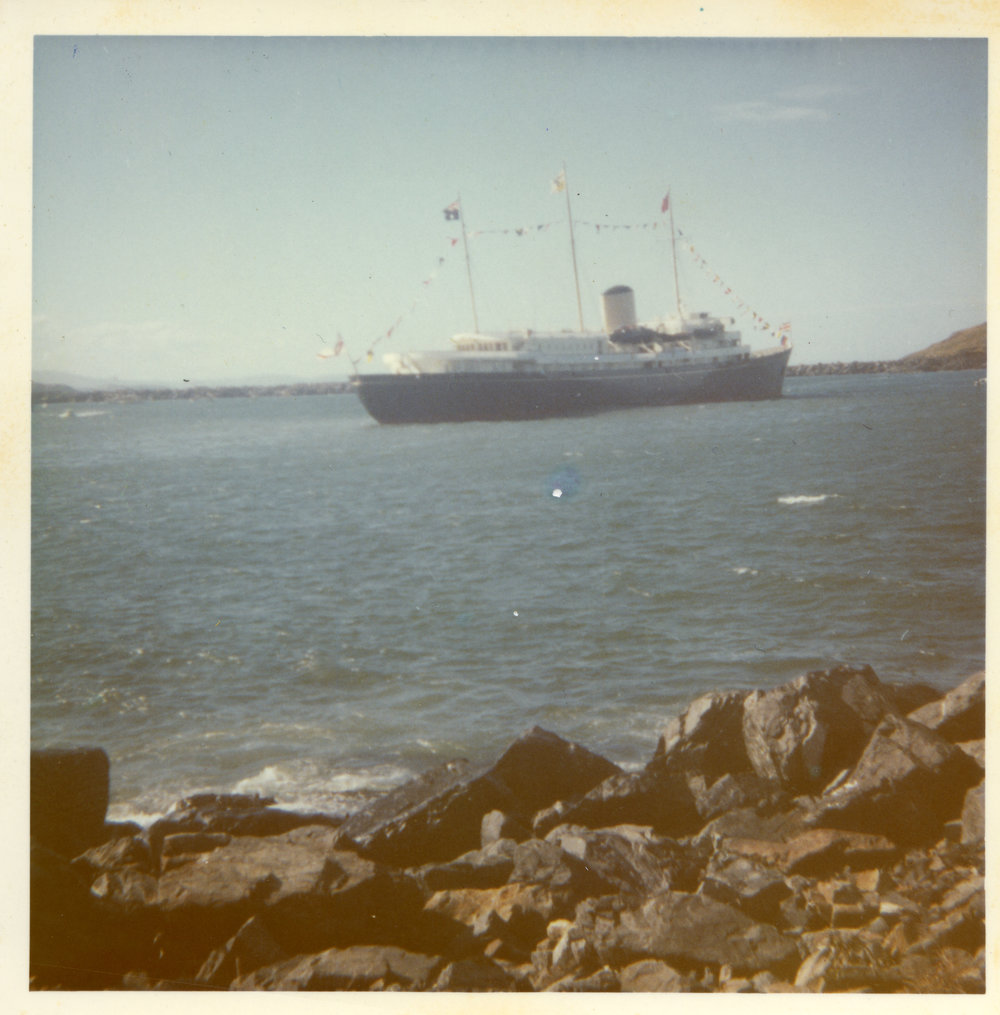 Her Majesty's Yacht Britannia anchored at Jetty Beach, 11 April 1970