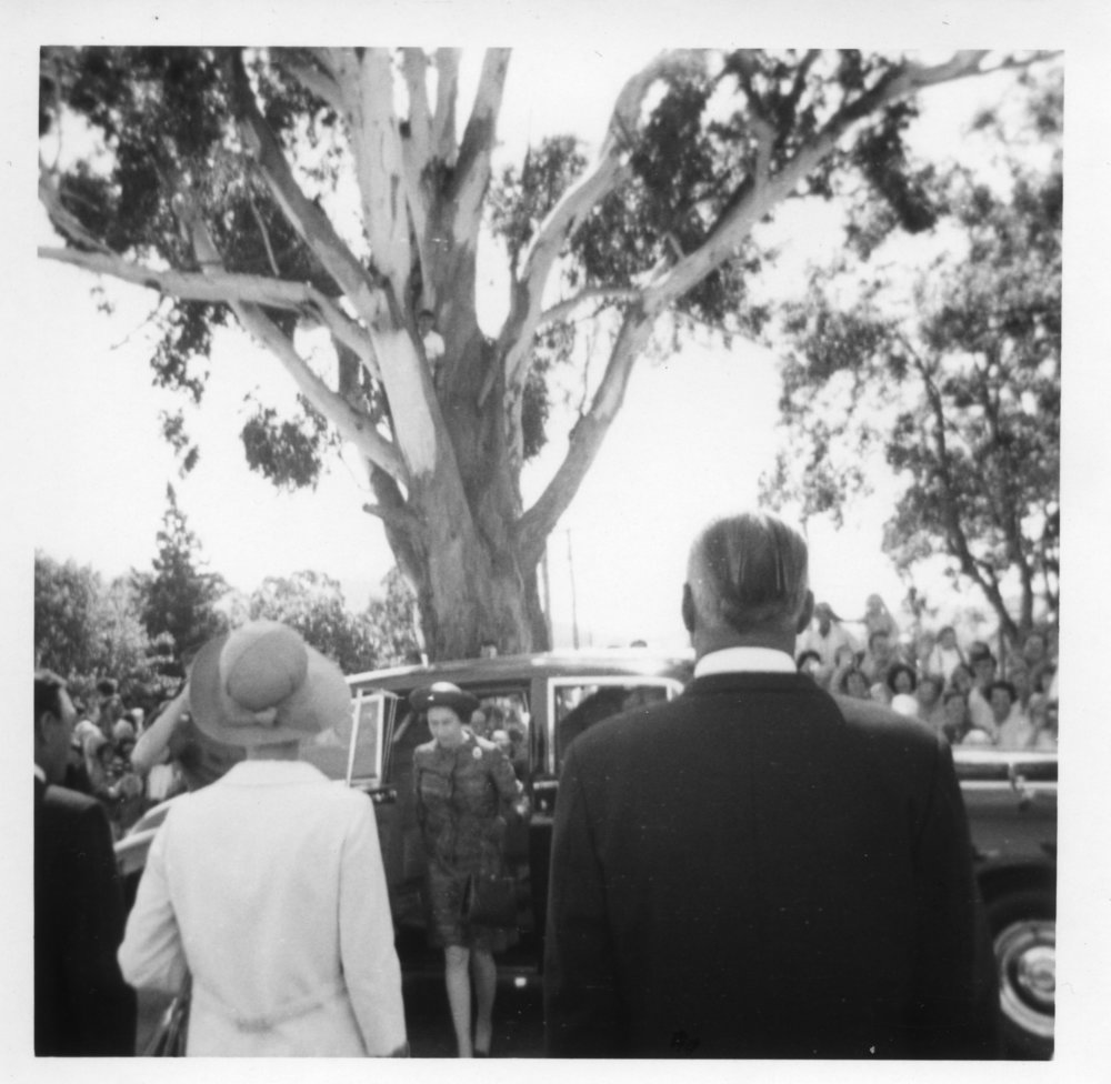 The Queen exits the car to meet the crowd, 11 April 1970