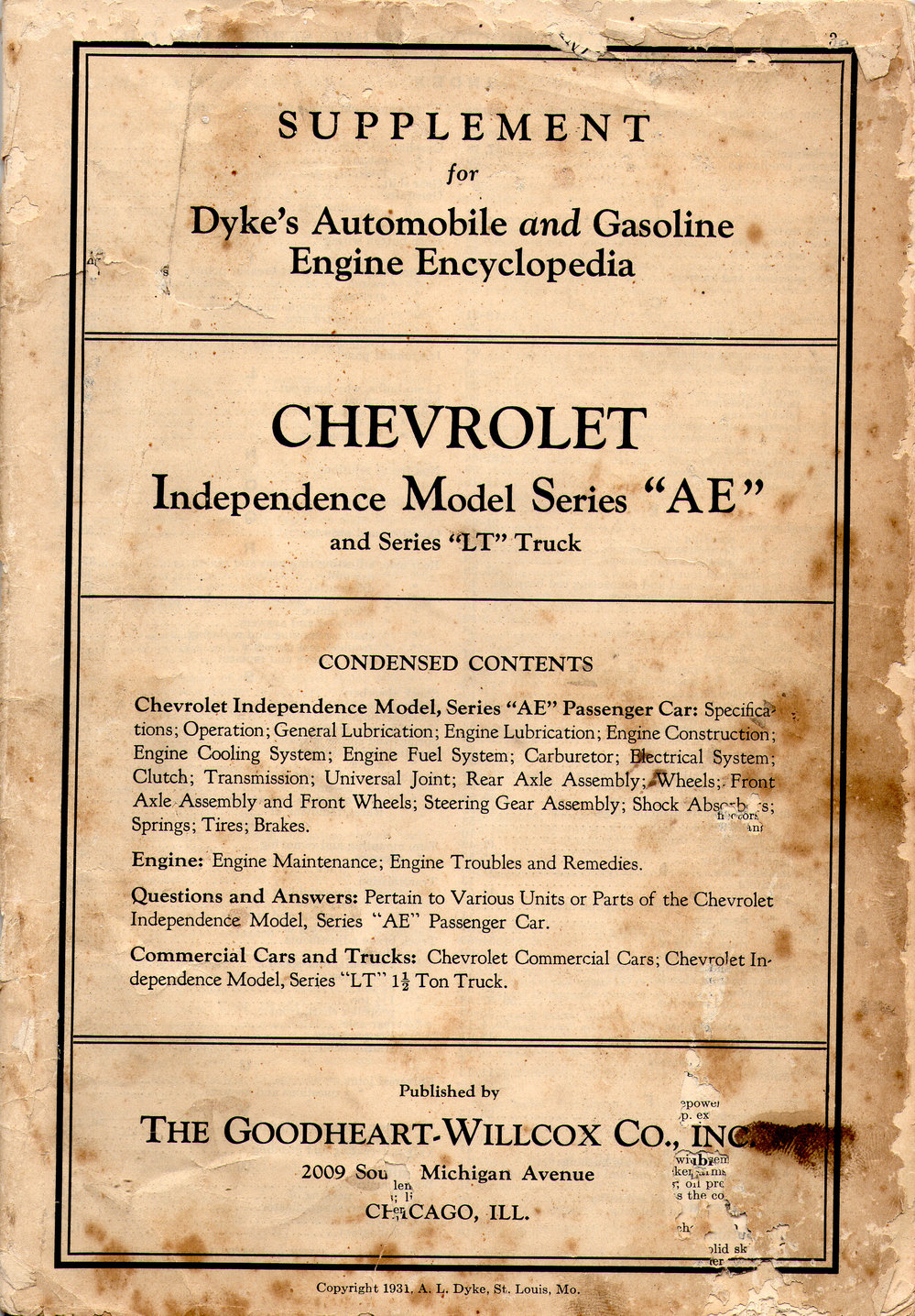 Supplement for Dyke's Automobile and Gasoline Engine Encyclopedia, 1931