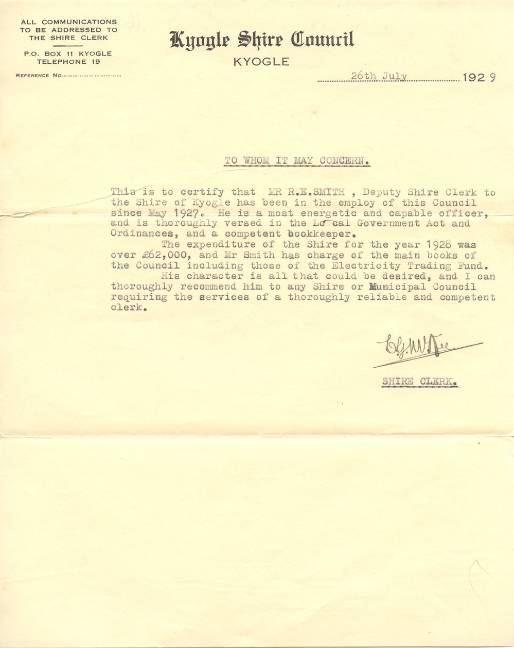 Letter of Recommendation for R. E. Smith, 26 July 1929