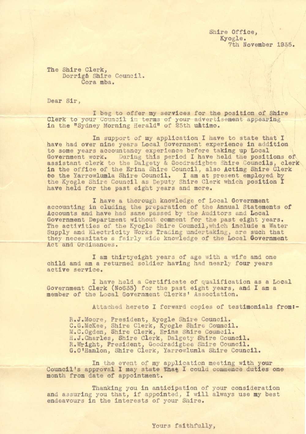 R. E. Smith's Shire Clerk application letter, 7 November 1935