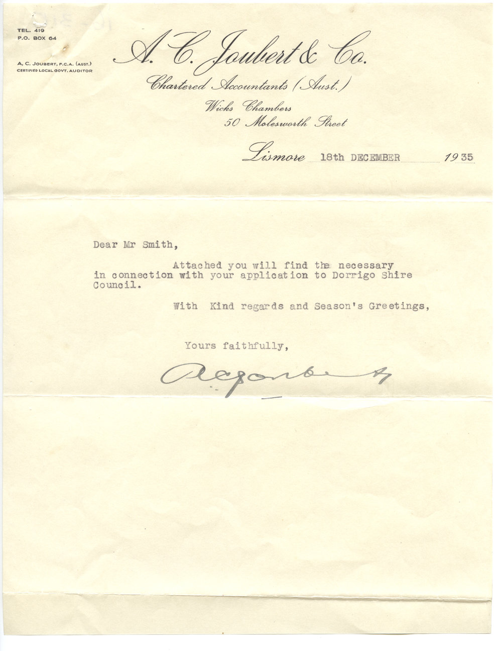 Letter to R. E. Smith from A. C. Joubert, 18 December 1935
