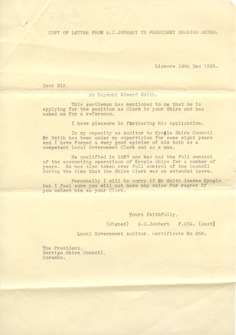 Letter of recommendation for R. E. Smith, 18 December 1935
