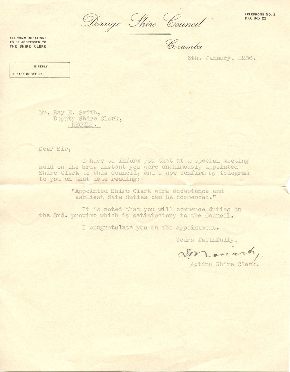 Letter to Ray E. Smith confirming employment, 6 January 1936