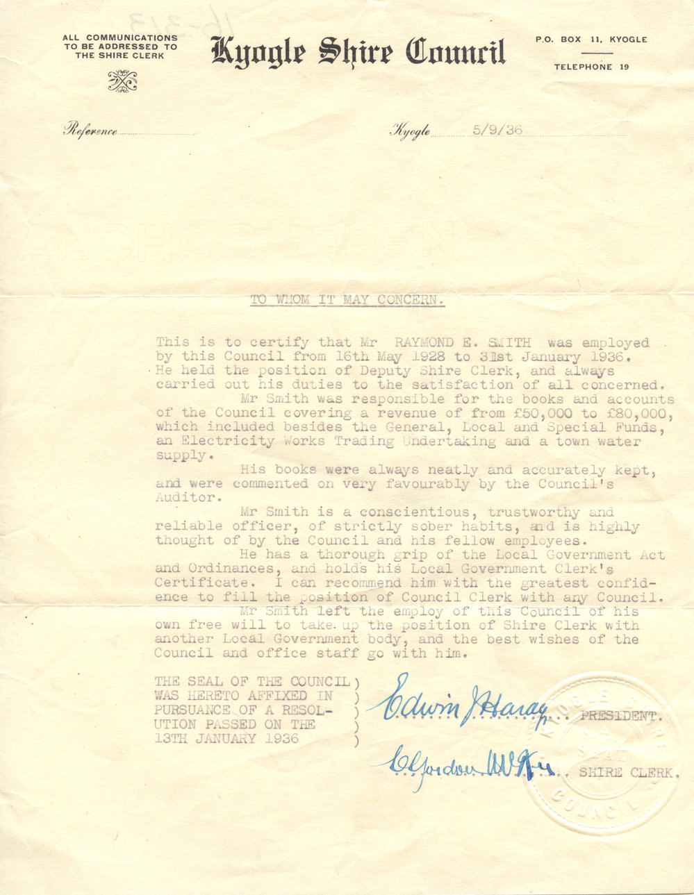 Letter of recommendation for R. E. Smith, 5 September 1936