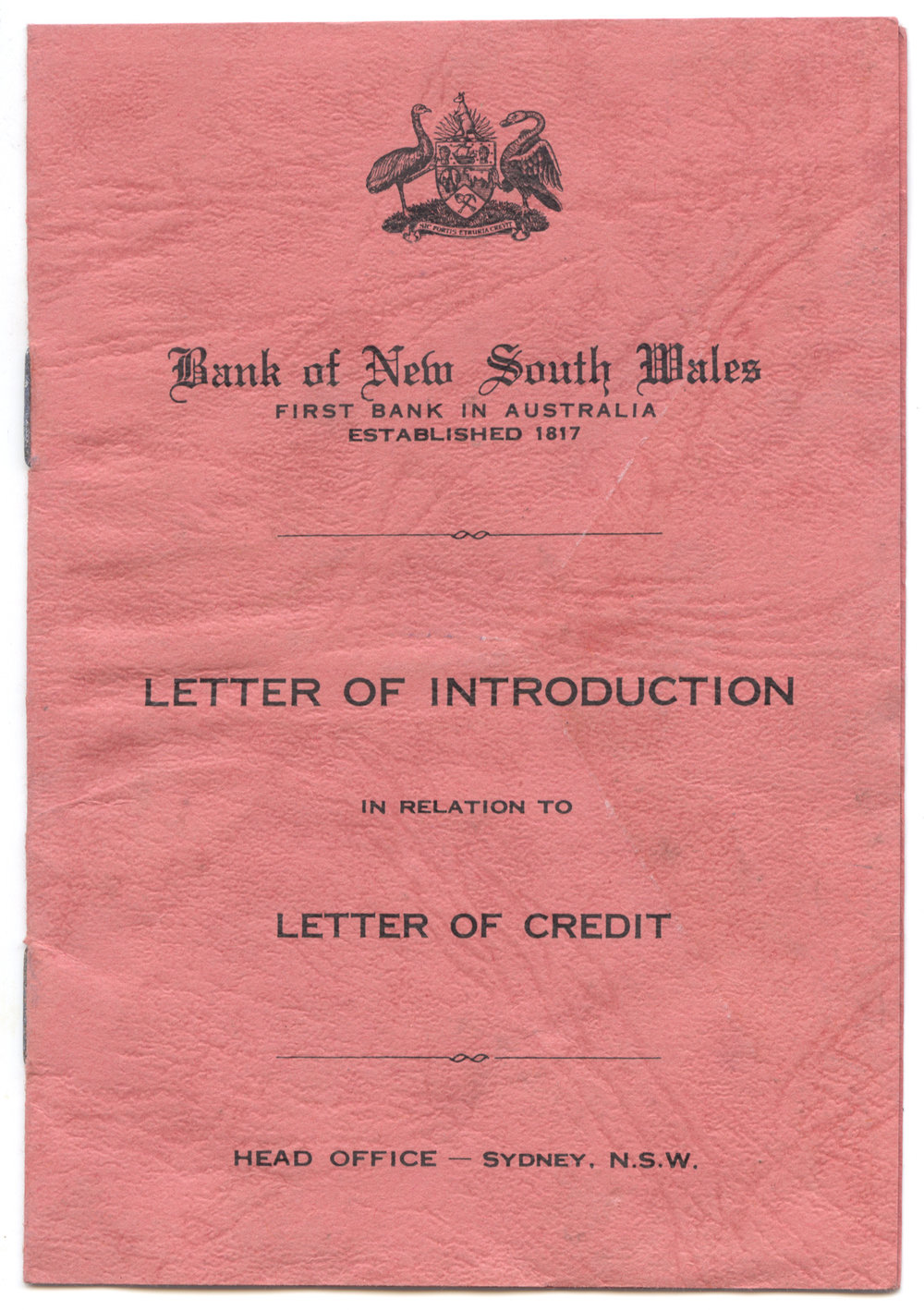 Letter of Introduction, Bank of New South Wales, 1964