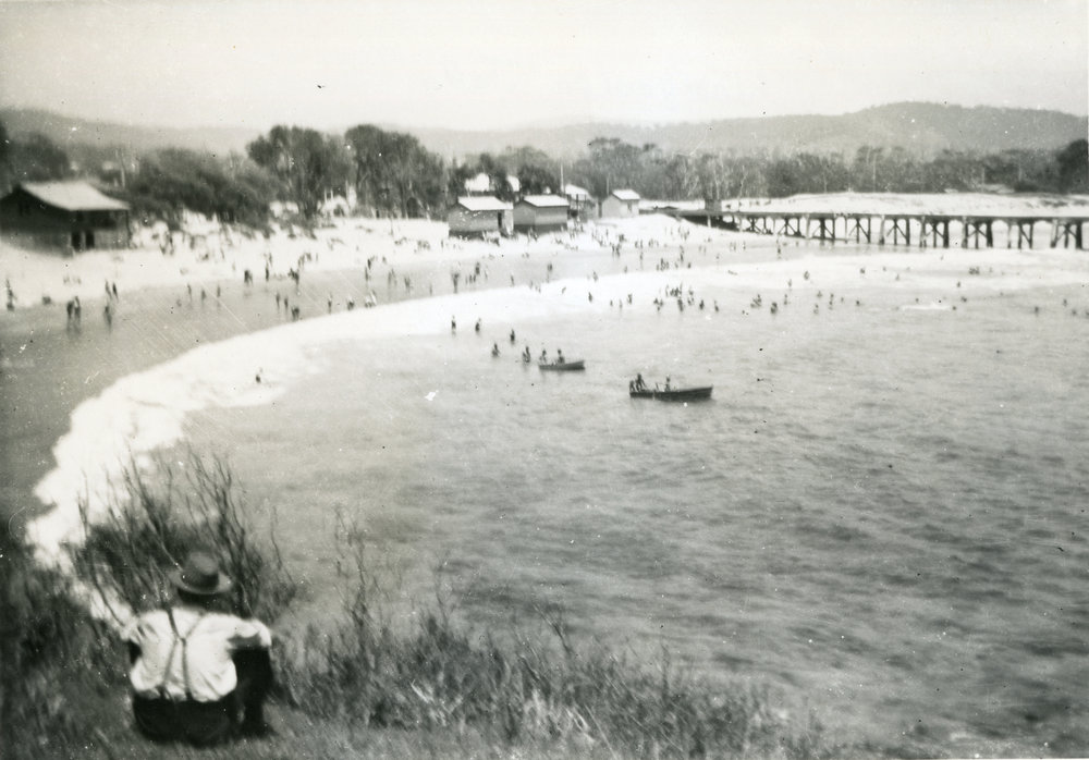 Woolgoolga Beach with Sunday surfers, c. 1930