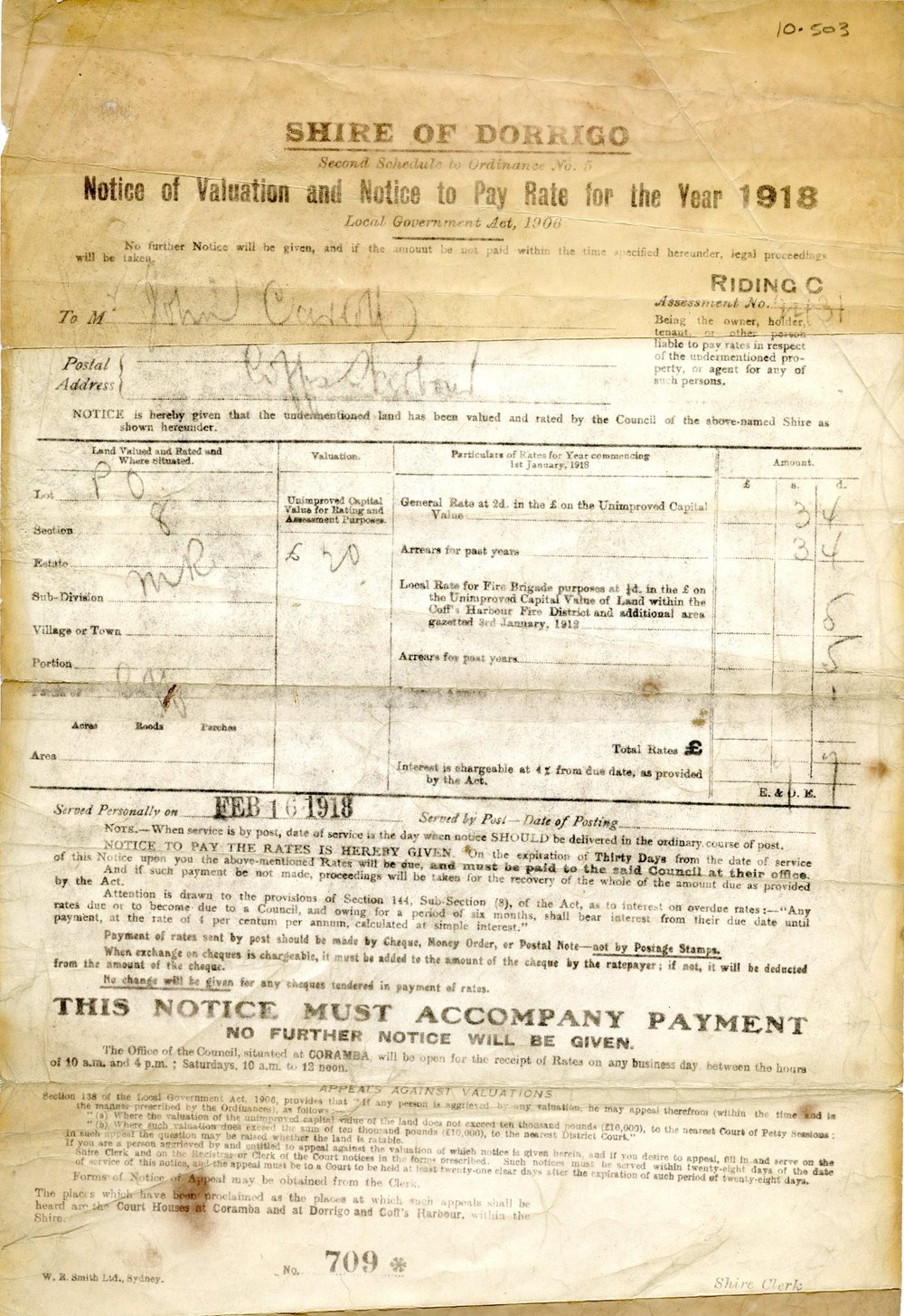 John Carrall's rates notice for 1918