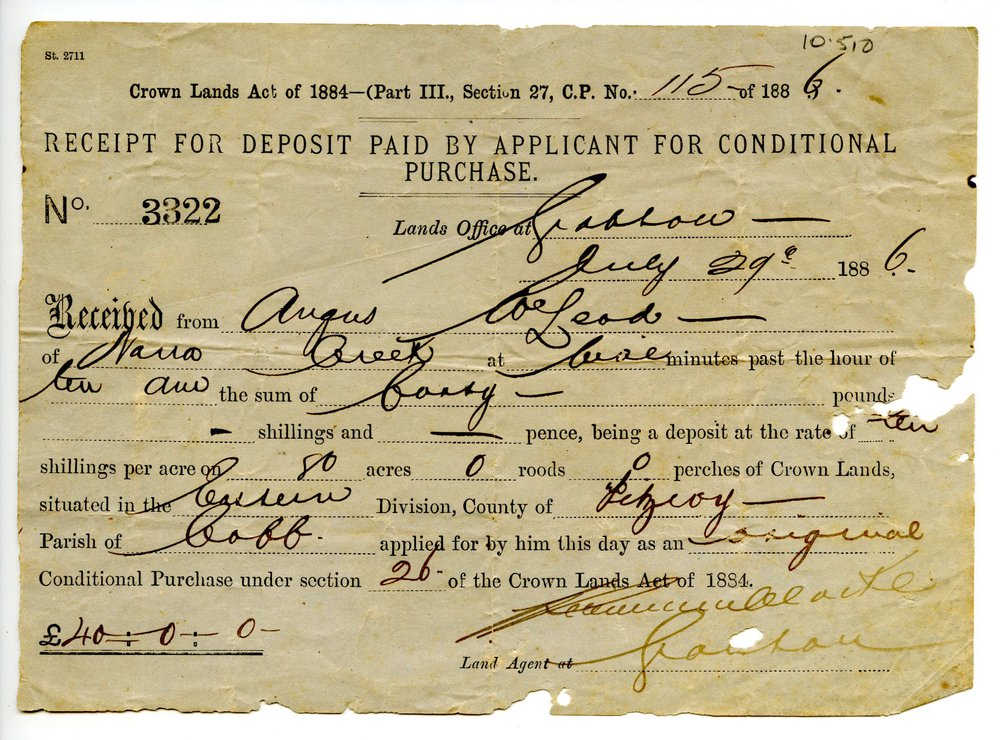 Receipt for land purchased by Angus McLeod, 1886