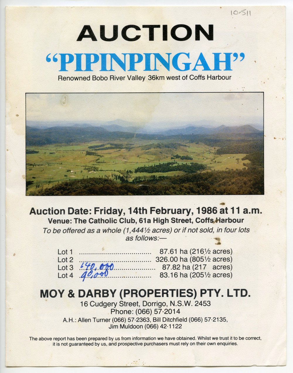 Auction catalogue for 'Pipinpingah', Bobo River Valley, 1986