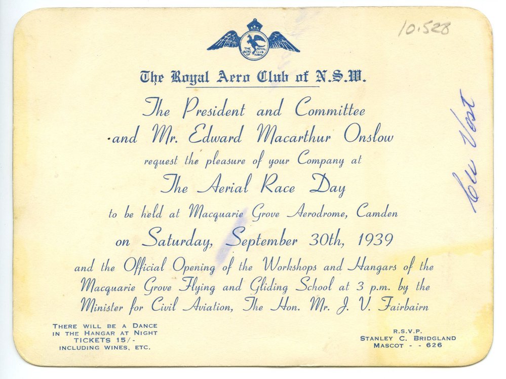 Invitation to The Aerial Race Day at Camden, 1939