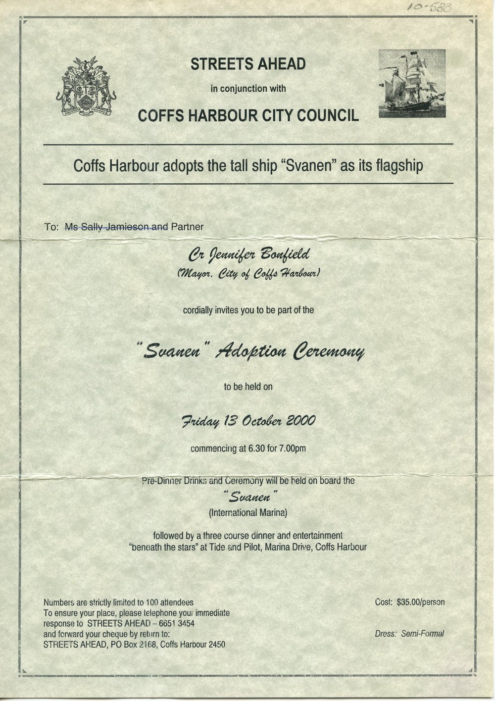 Invitation to 'Svanen' adoption ceremony, 13 October 2000