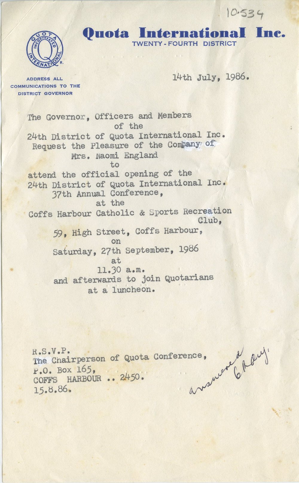 Invitation to Quota International Annual Conference, 14 July 1986