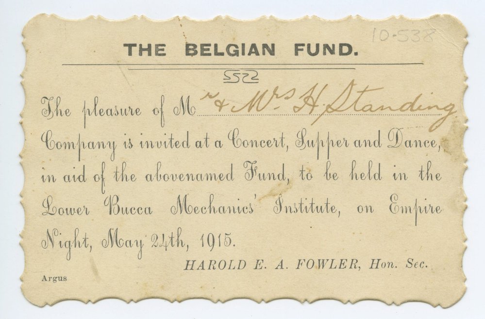 Invitation to The Belgian Fund event, Lower Bucca Mechanics' Institute, 1915