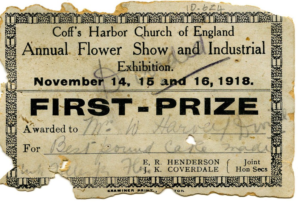 First Prize, Coff's Harbor Church of England Annual Flower Show, 1918