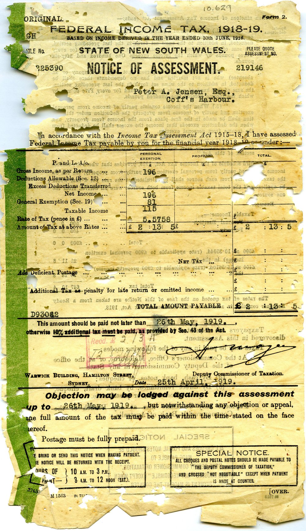 Peter Jensen's notice of assessment for 1918 - 1919