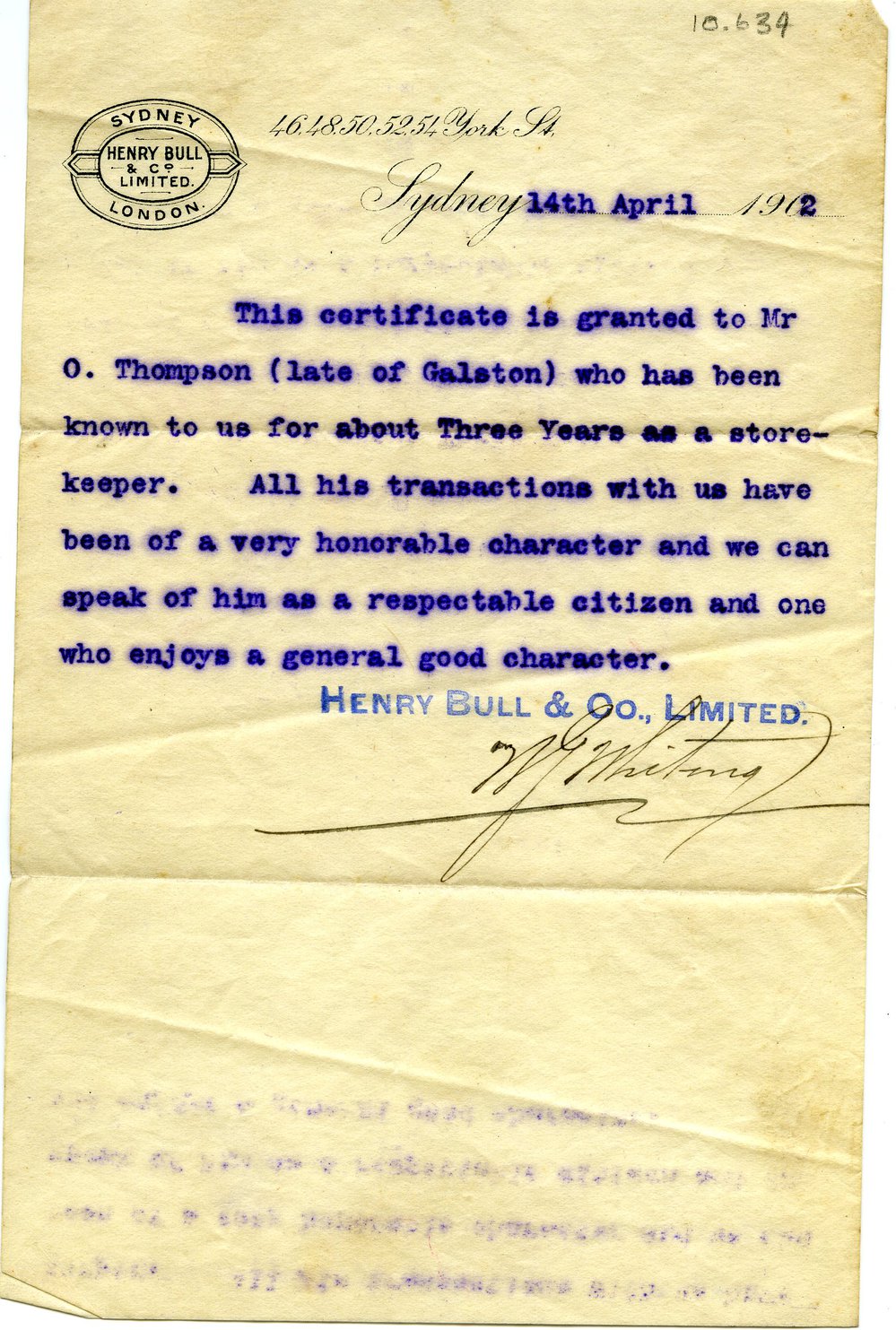 Recommendation letter for Mr O. Thompson, 1902