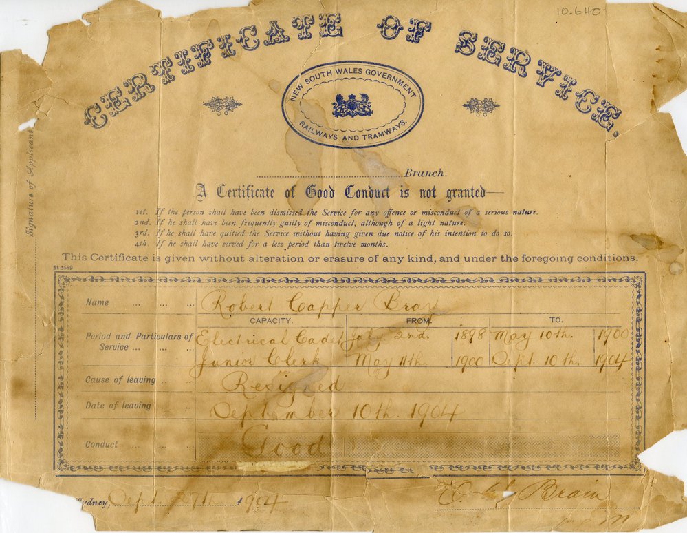Certificate of Service for Robert Capper Bray, NSW Government Railways and Tramways, 1904