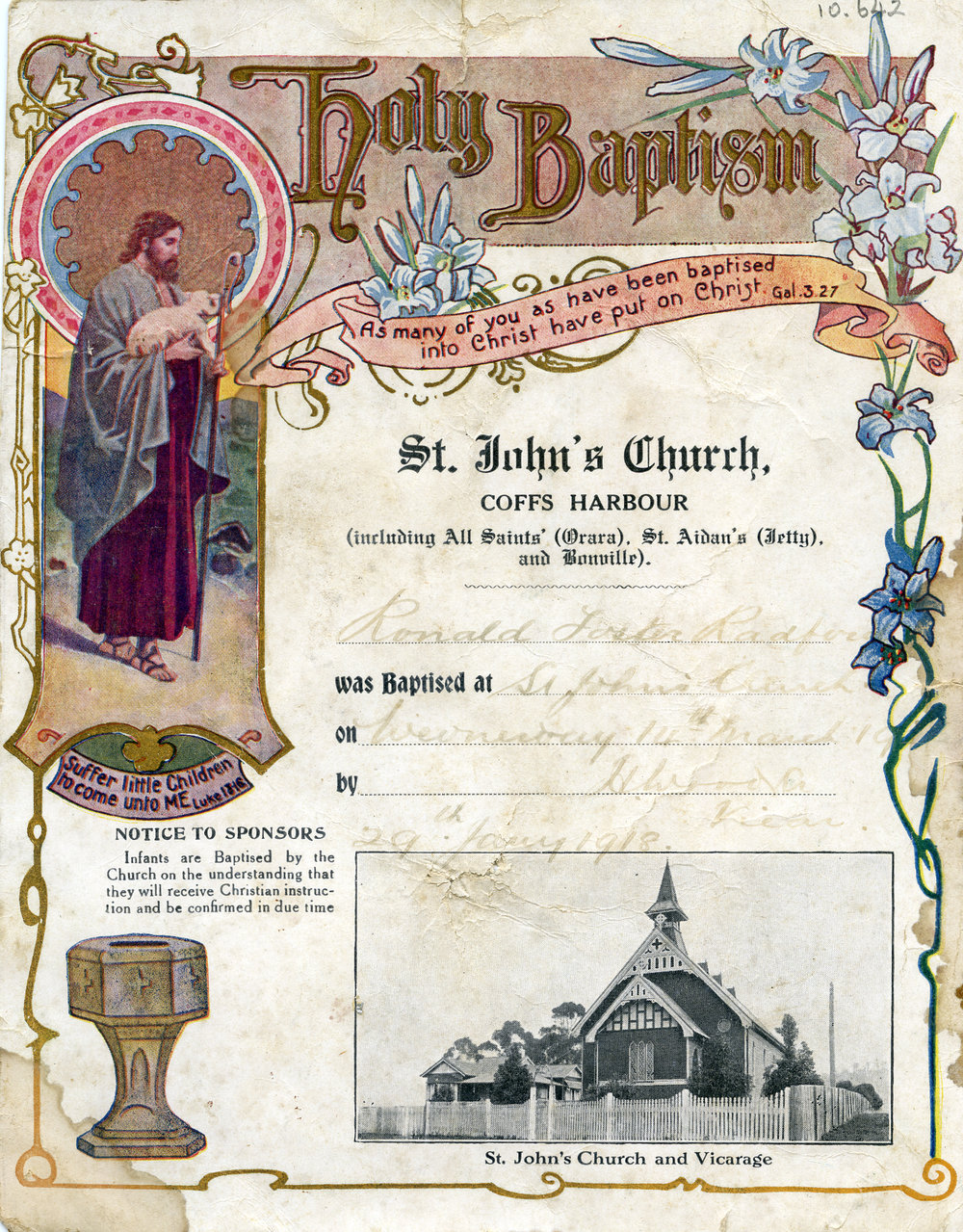 Baptism certificate for Ronald Radford, 1917