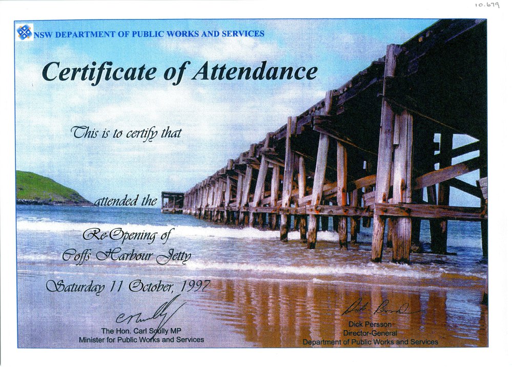 Attendance certificate for the reopening of the Coffs Harbour Jetty, 1997