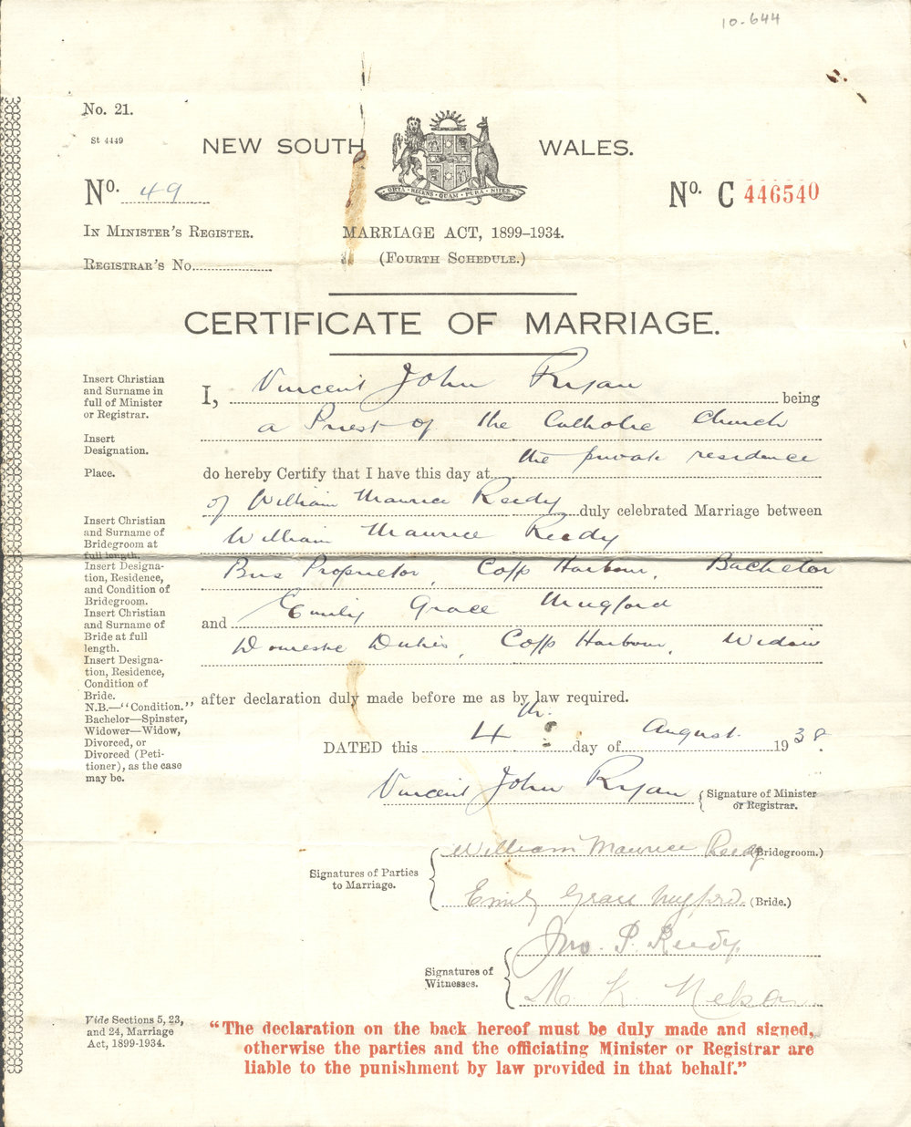 William Reedy &amp; Emily Mugford marriage certificate, 1938