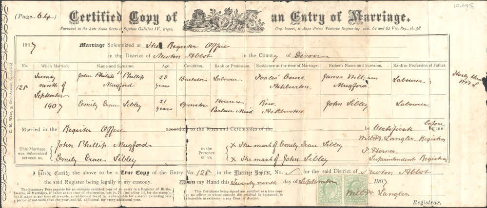 John Mugford &amp; Emily Sibley marriage certificate, 1907