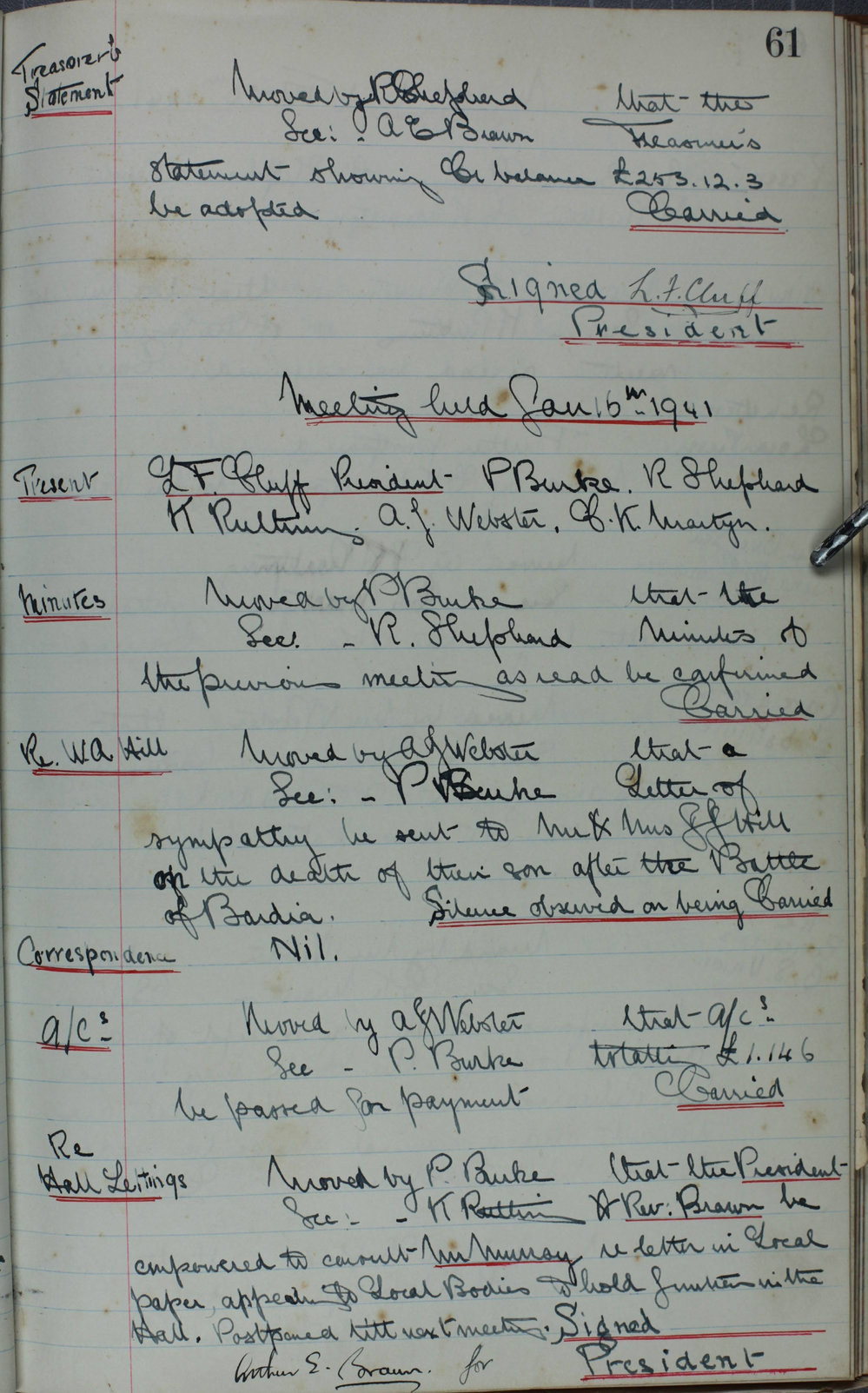 Coffs Harbour School of Arts Minute Book, 1941