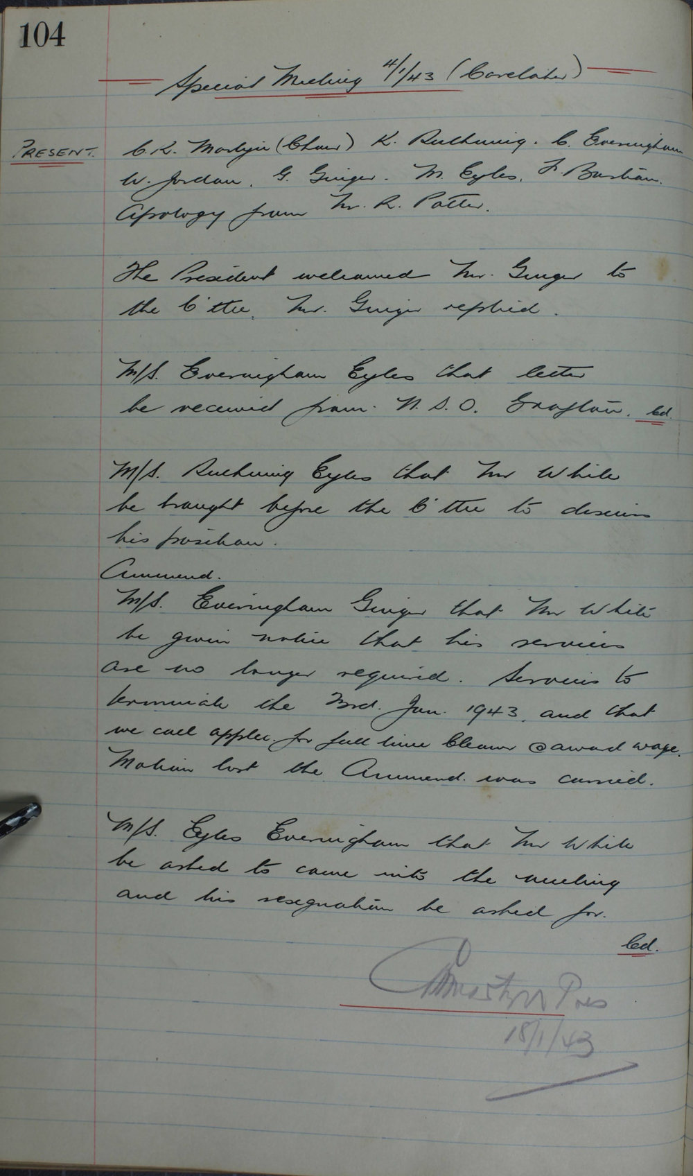 Coffs Harbour School of Arts Minute Book, 1943