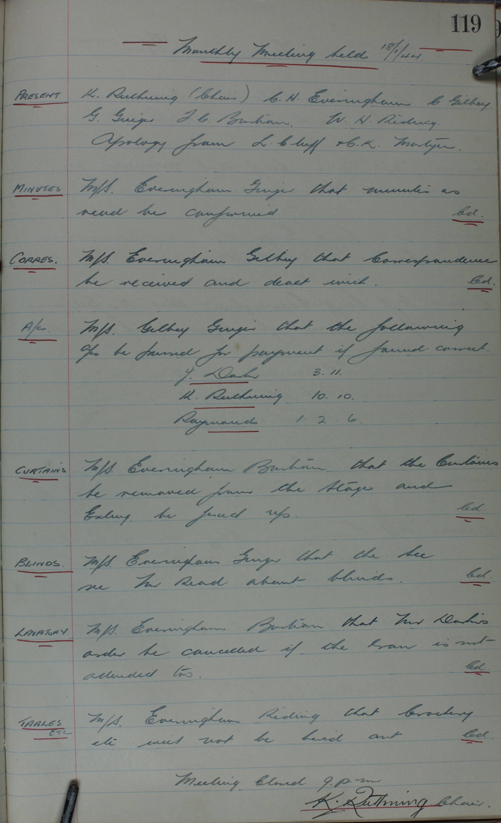 Coffs Harbour School of Arts Minute Book, 1944