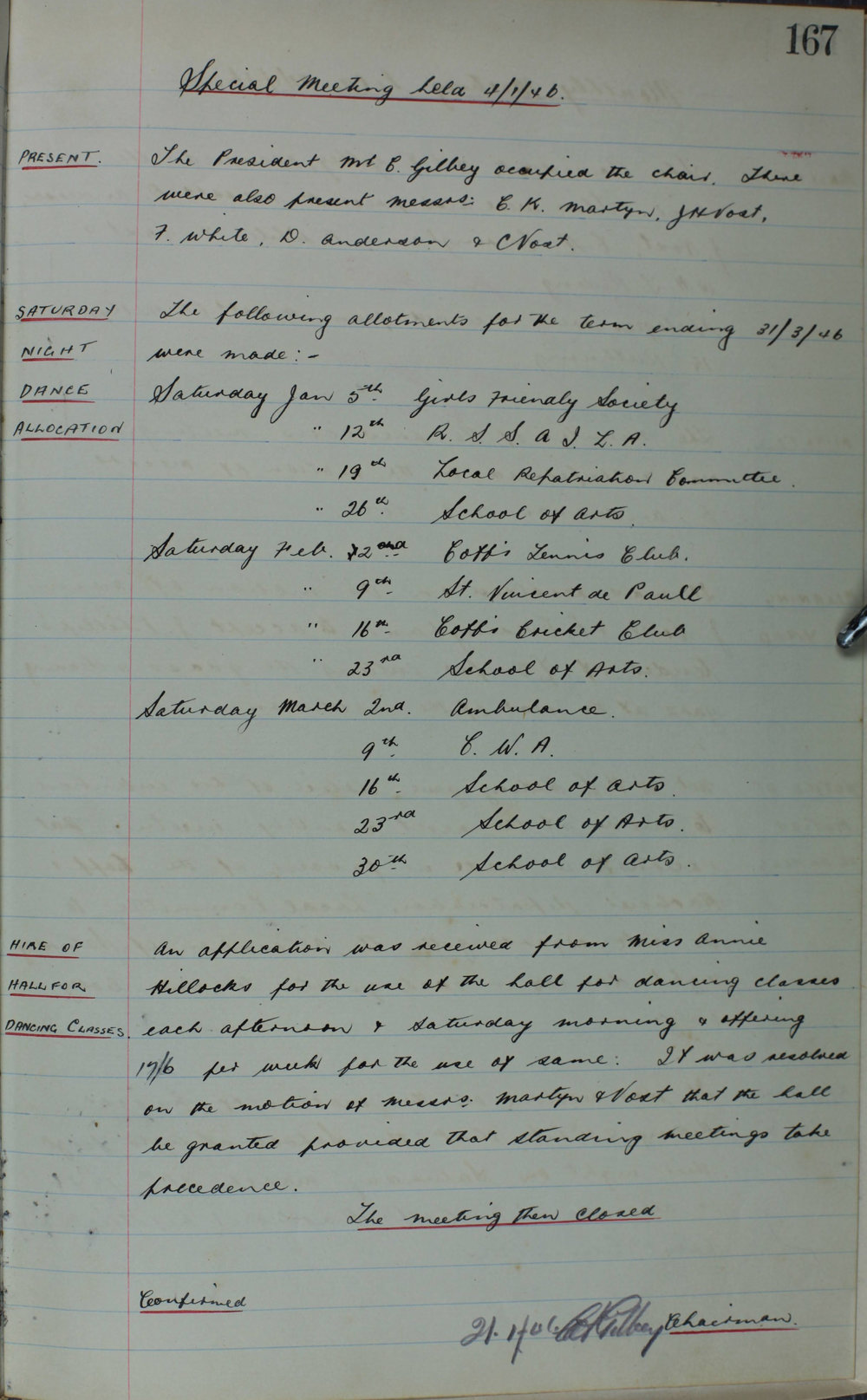 Coffs Harbour School of Arts Minute Book, 1946