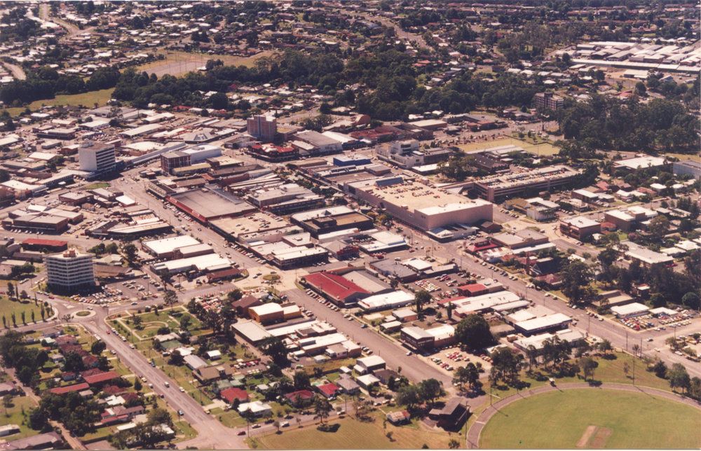 Aerial view of Coffs Harbour CBD, 1990s