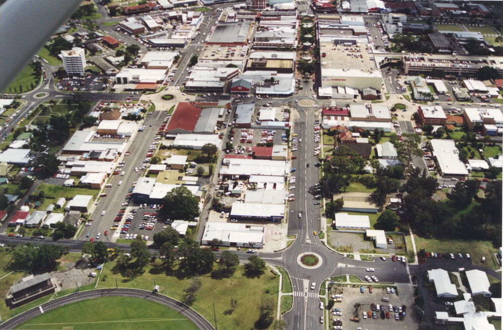 Aerial view of Coffs Harbour CBD, 1990s