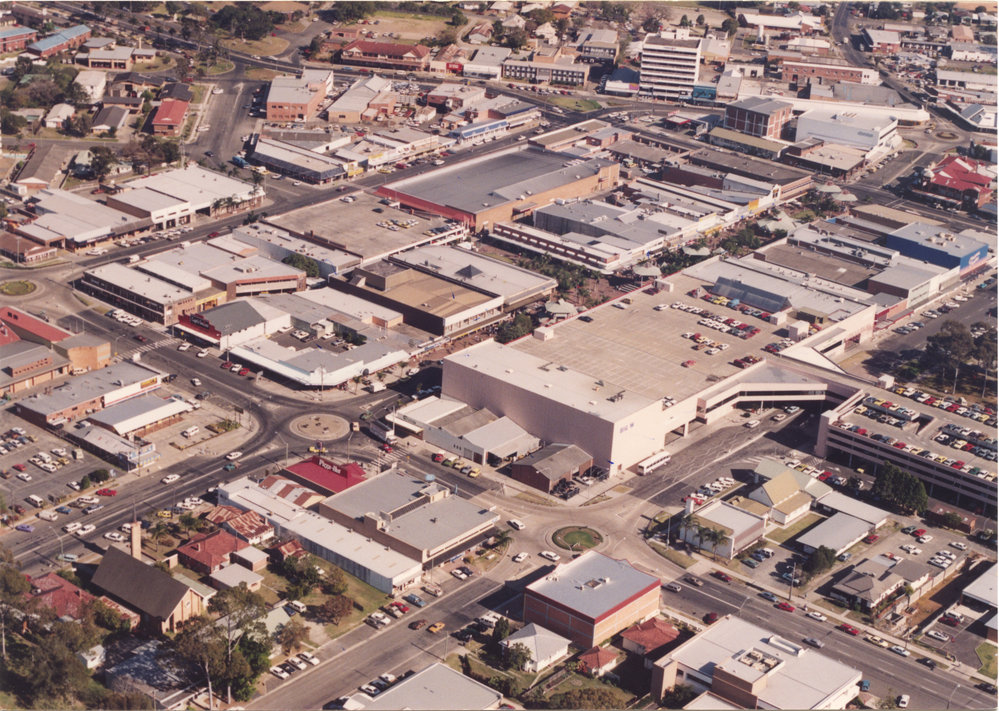 Aerial view of Coffs Harbour's Central Business District, 1990s