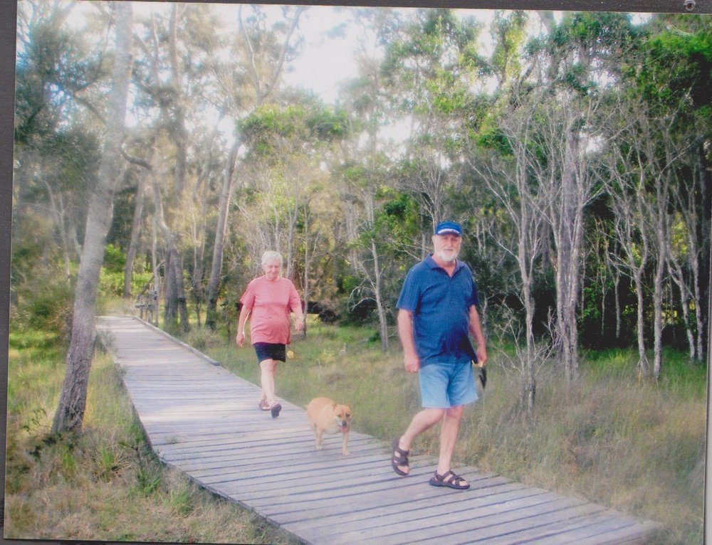 Searles walking Nara on Jewfish Point boardwalk, Red Rock, 2007