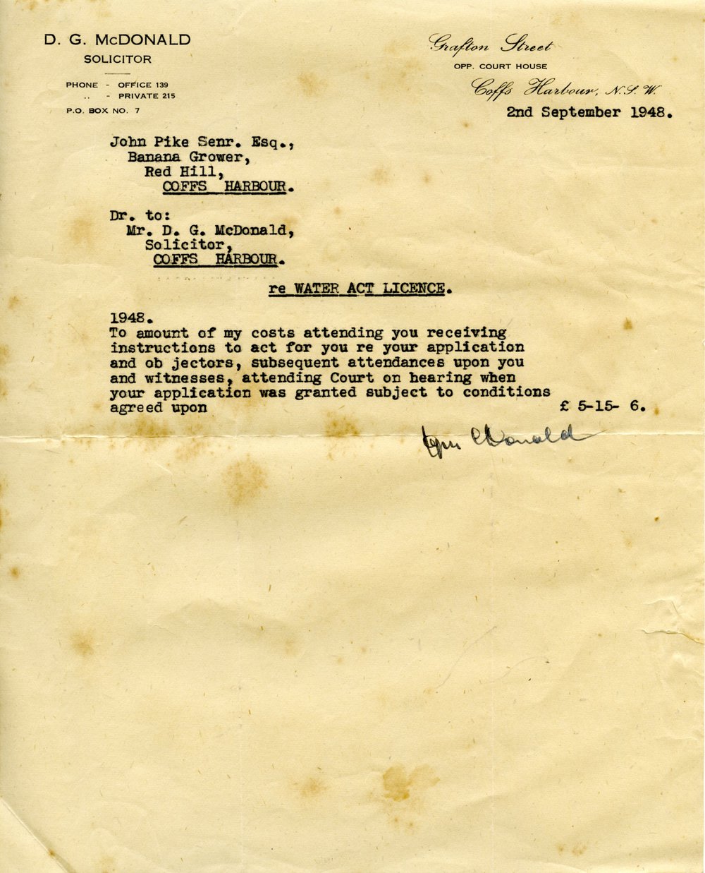 Solicitor's Letter to John Pike Sr. re: Water Act Licence, 1948