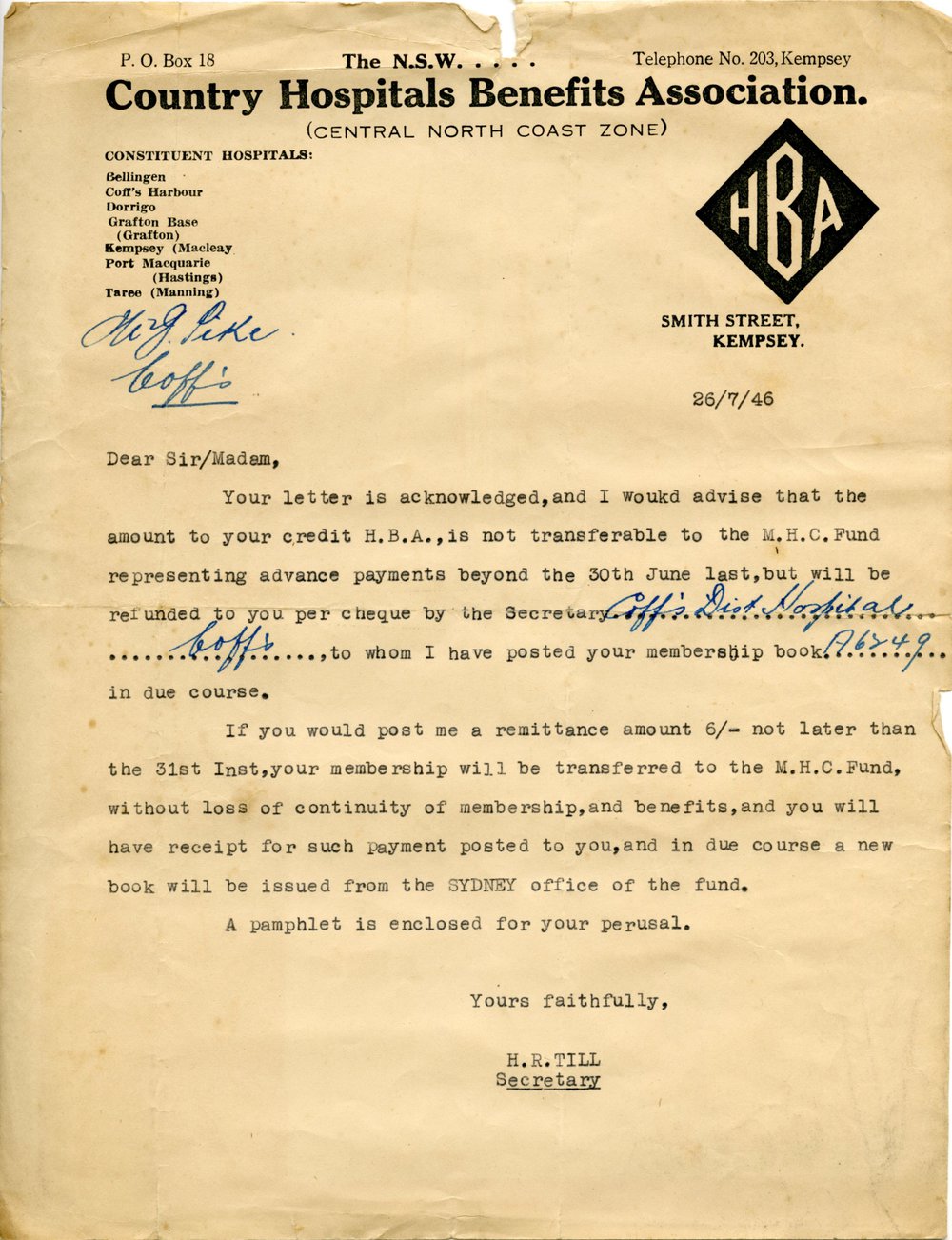 Two letters from the NSW Country Hospitals Benefits Association, 1946