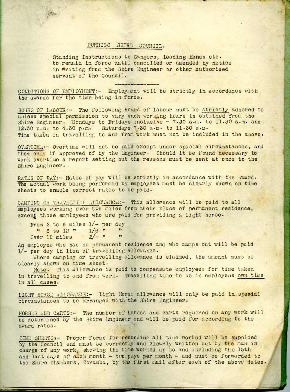 Dorrigo Shire Council Standing Instructions to Gangers, Leading Hands etc., 1929