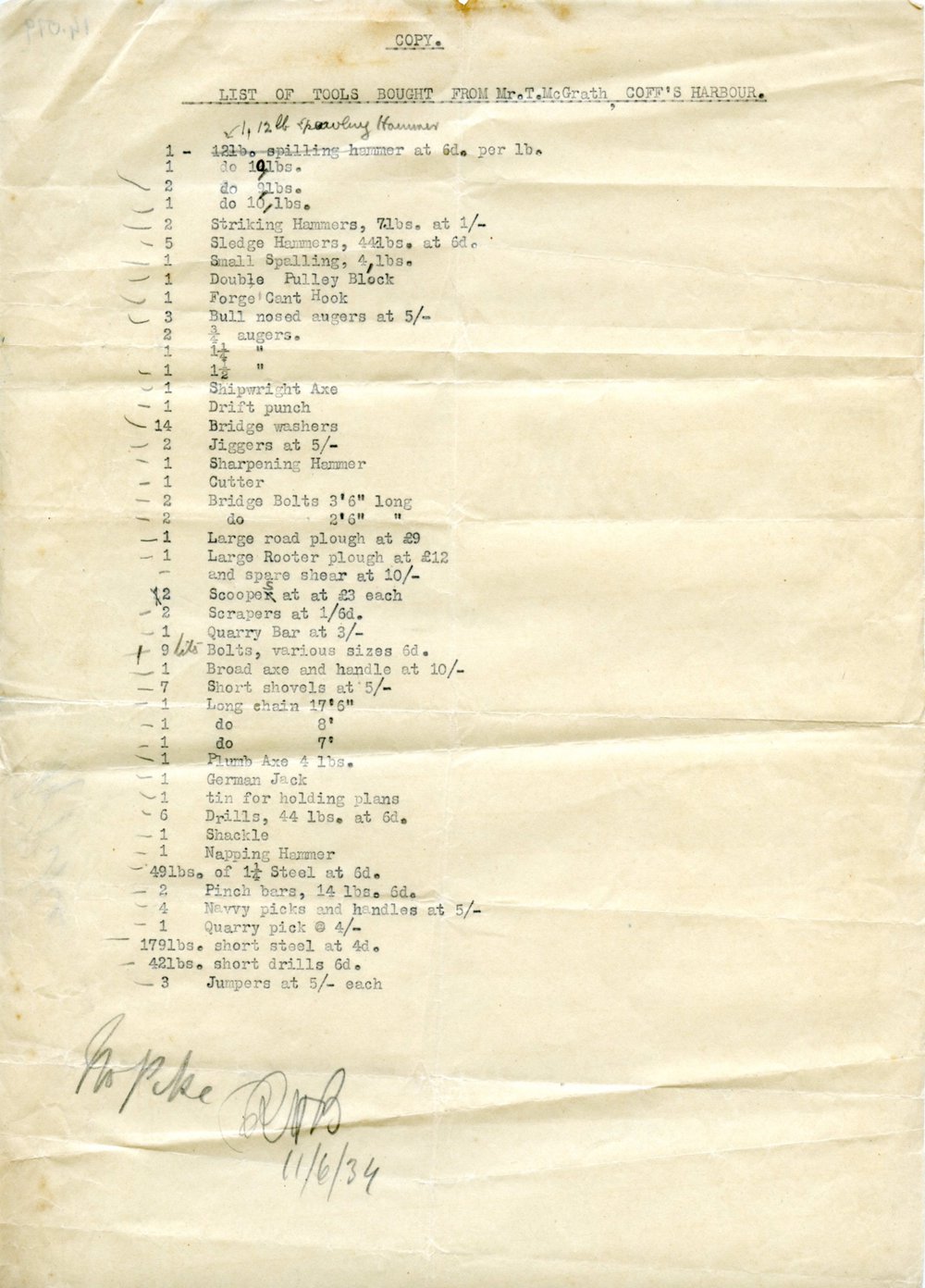 Tool lists from Dorrigo Shire Council, June 1934