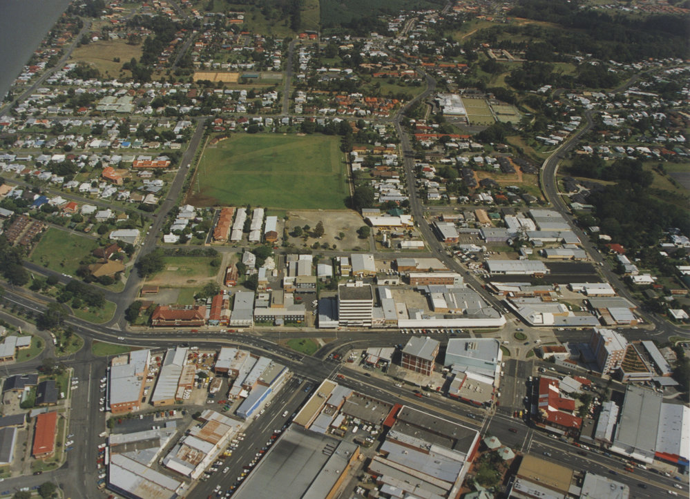 Aerial view of the McLean Street Oval in Coffs Harbour, 1990s