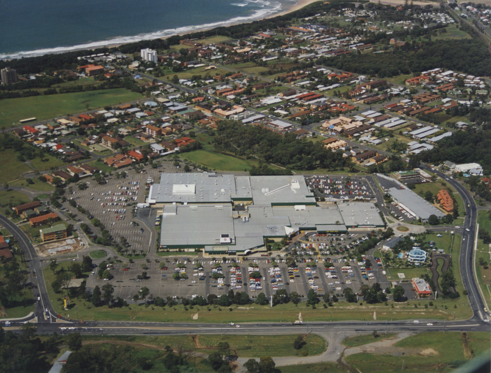 Aerial view of Park Beach Plaza and the Aquajet water slide, 1990s