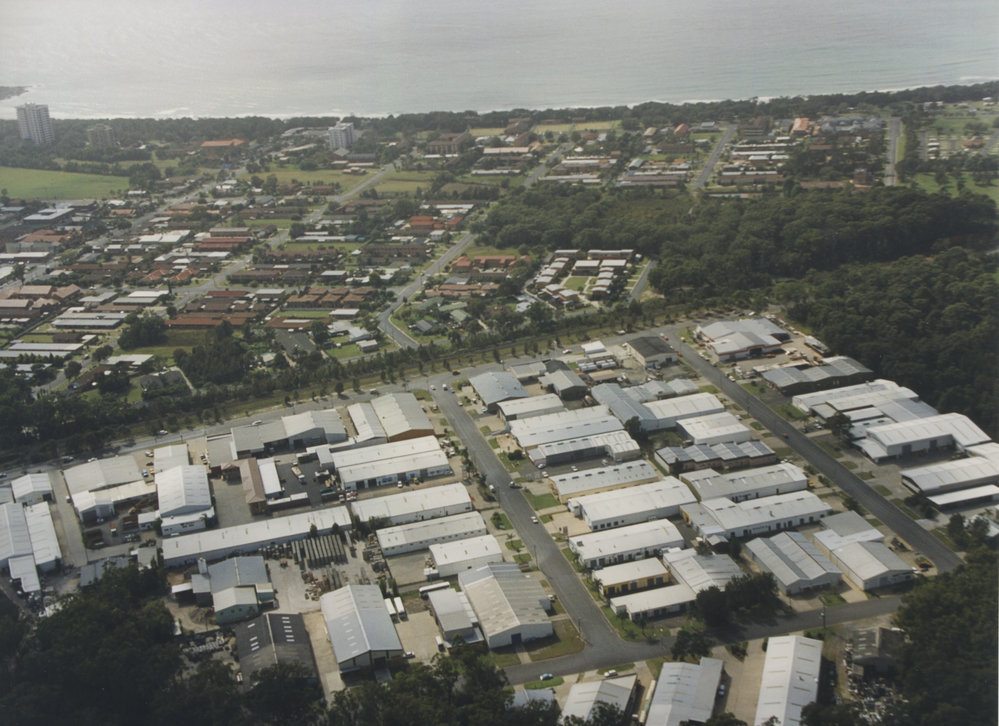 Aerial view of Lawson Crescent industrial estate in Coffs Harbour, 1990s