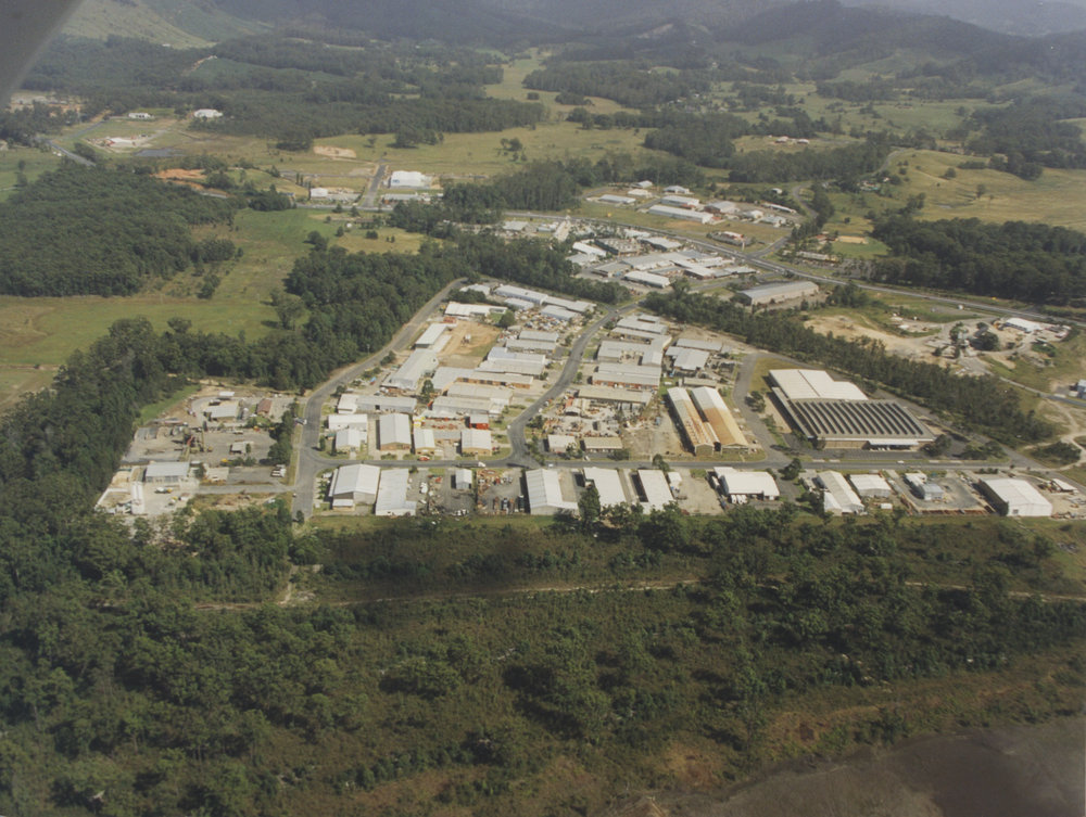 Aerial view of Cook Drive industrial estate in Coffs Harbour, 1990s