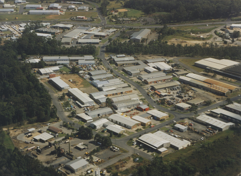 Aerial view of Cook Drive industrial estate in Coffs Harbour, 1990s