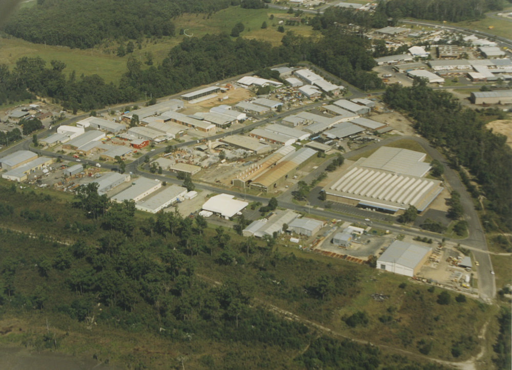 Aerial view of Cook Drive industrial estate in Coffs Harbour, 1990s