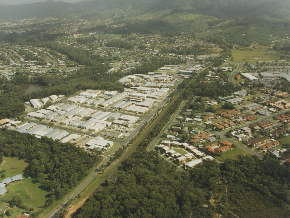 Aerial view of Lawson Crescent industrial estate in Coffs Harbour, 1990s