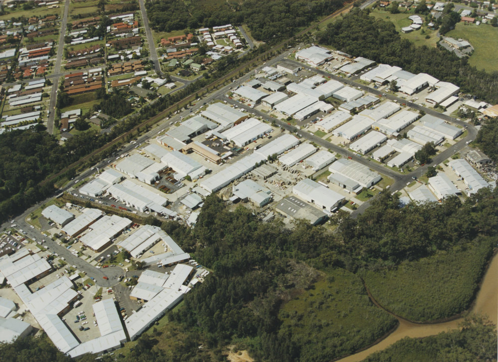 Aerial view of Lawson Crescent industrial estate in Coffs Harbour, 1990s