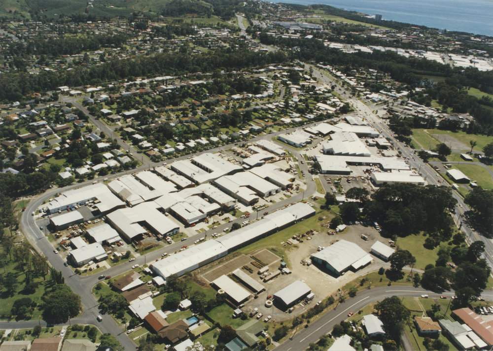 Aerial view of Marcia and June Streets industrial estate in Coffs Harbour, 1990s